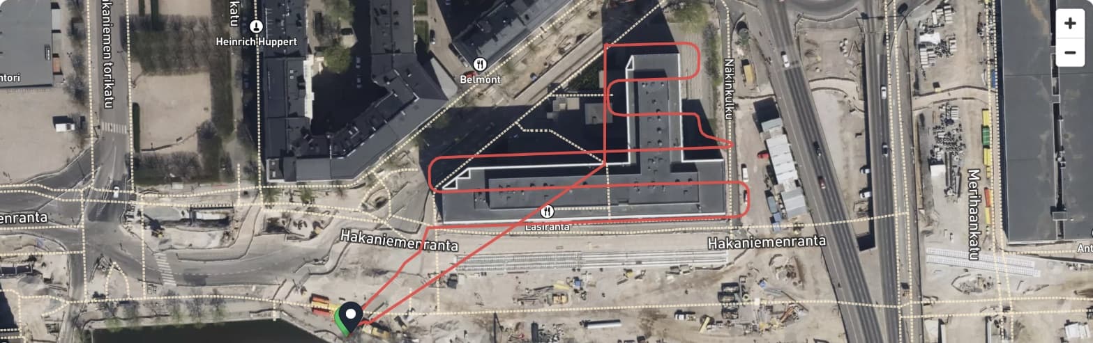 FlybyOps flight replay showing a logged drone flight's GPS path drawn over satellite imagery on an interactive map, with takeoff, landing and hover markers